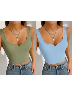 Öz Pamuk Kadın Fitilli 2 Li Adet Pamuklu Örme Kaşkorse Küçük Üçgen Yaka Crop Askılı Bluz Atlet