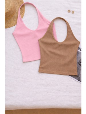 Öz Pamuk Kadın Çapraz Halter Yaka Kolsuz 2 Li Fitilli Crop Basıc Atlet Bluz