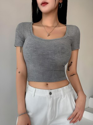 Öz Pamuk Kadın Kare Yaka Yaka Fitilli Crop Adet Basıc Bluz