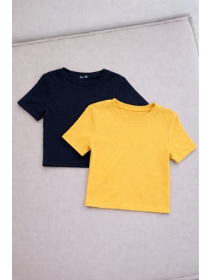 Öz Pamuk Kadın 2'li Adet Siyah Fitilli Bisiklet Yaka Kaşkorse Crop T-Shirt Bluz