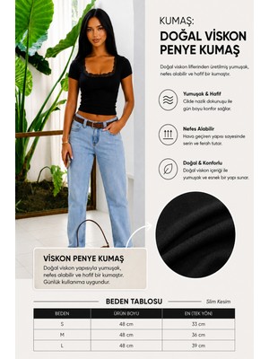 Öz Pamuk Kadın Kare Yaka Dantel Detaylı Viskon Penye Bluz Esnek Slim Fit Tişört
