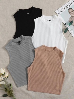 Öz Pamuk Kadın 4 Lü Adet Fitilli Pamuklu Örme Kaşkorse Crop Bluz Atlet