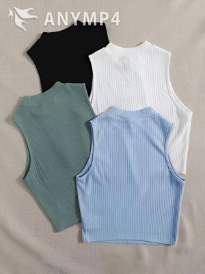 Öz Pamuk Kadın 4 Lü Adet Fitilli Pamuklu Örme Kaşkorse Crop Bluz Atlet