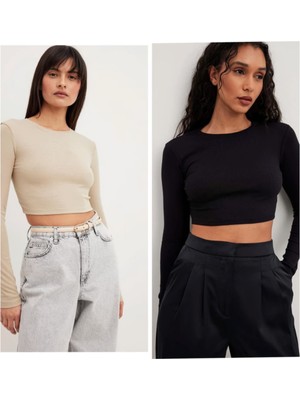 Öz Pamuk Kadın 2 Li Adet Fitilli %100 Pamuklu Bisiklet Yaka Örme Kaşkorse Uzun Kol Crop Bluz