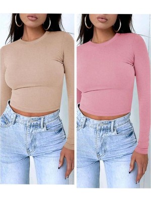 Öz Pamuk 2 Li Adet Kadın Siyah Fitilli  Bisiklet Yaka Kaşkorse Crop Bluz