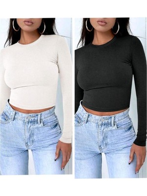 Öz Pamuk 2 Li Adet Kadın Siyah Fitilli  Bisiklet Yaka Kaşkorse Crop Bluz