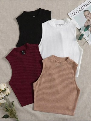 Öz Pamuk Kadın 4 Lü Adet Fitilli Pamuklu Örme Kaşkorse Crop Bluz Atlet