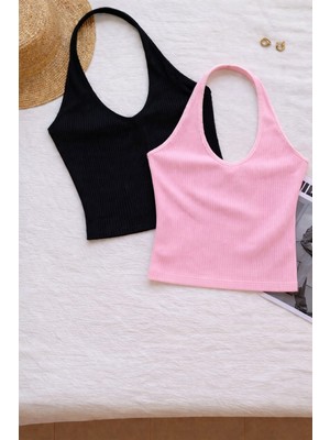 Öz Pamuk Kadın Çapraz Halter Yaka Kolsuz 2 Li Fitilli Crop Basıc Atlet Bluz