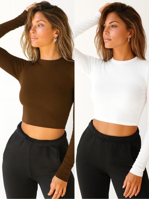Öz Pamuk 2 Li Adet Kadın Siyah Fitilli Bisiklet Yaka Kaşkorse Crop Bluz
