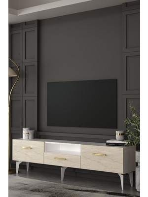 Dekortis Home Dekor 180DHDTSÇ2BTA Eros Tv Sehpası,ünitesi Beyaz-Traverten-Altın