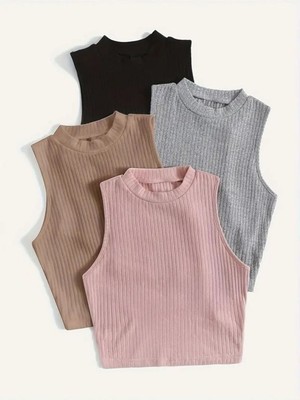 Öz Pamuk Kadın 4 Lü Adet Fitilli Pamuklu Örme Kaşkorse Crop Bluz Atlet