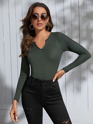 Öz Pamuk Kadın Kare Yaka Fitilli Kaşkorse Crop Uzun Kollu Bluz