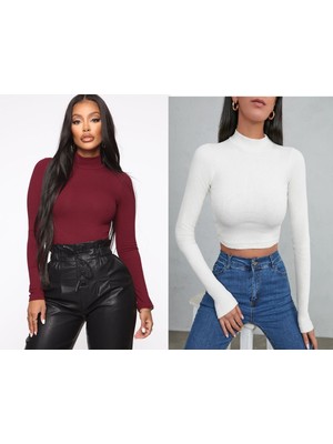 Öz Pamuk 2 Li Adet Kadın Siyah Fitilli Yarım Balıkçı Yaka Kaşkorse Crop Body Bluz