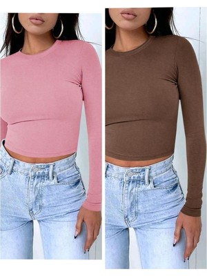 Öz Pamuk 2 Li Adet Kadın Siyah Fitilli  Bisiklet Yaka Kaşkorse Crop Bluz