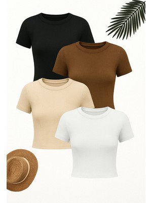 Öz Pamuk Kadın 4 Lü Adet Fitilli %100 Pamuklu Bisiklet Yaka Örme   Crop T-Shirt