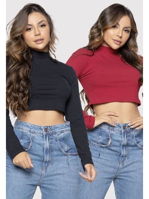 Öz Pamuk 2 Li Adet Kadın Siyah Fitilli Yarım Balıkçı Yaka Kaşkorse Crop Body Bluz