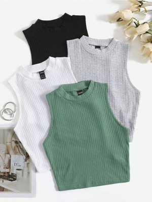 Öz Pamuk Kadın 4 Lü Adet Fitilli Pamuklu Örme Kaşkorse Crop Bluz Atlet