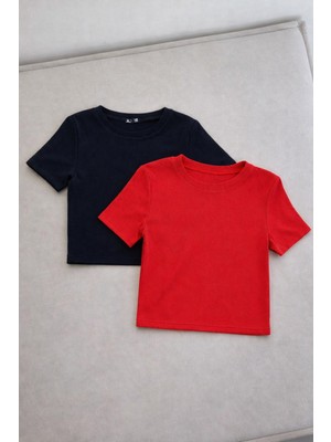Öz Pamuk Kadın 2'li Adet Siyah Fitilli Bisiklet Yaka Kaşkorse Crop T-Shirt Bluz