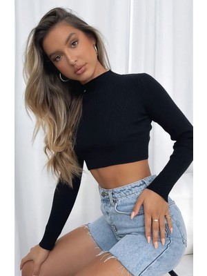 Öz Pamuk 2 Li Adet Kadın Siyah Fitilli Yarım Balıkçı Yaka Kaşkorse Crop Bluz