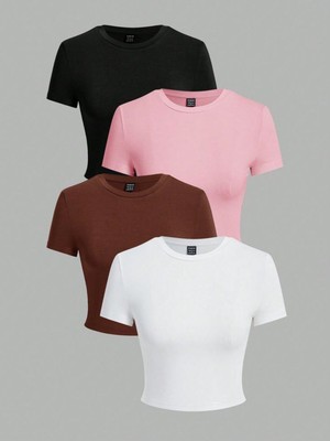 Öz Pamuk Kadın 4 Lü Adet Fitilli %100 Pamuklu Bisiklet Yaka Örme   Crop T-Shirt