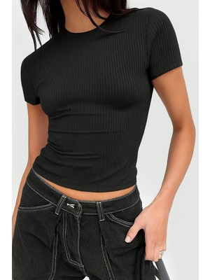 Öz Pamuk Kadın Fitilli Pamuklu Bisiklet Yaka Crop Değildir Örme Kaşkorse Uzun T-Shirt