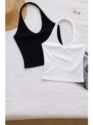Öz Pamuk Kadın Çapraz Halter Yaka Kolsuz 2 Li Fitilli Crop Basıc Atlet Bluz