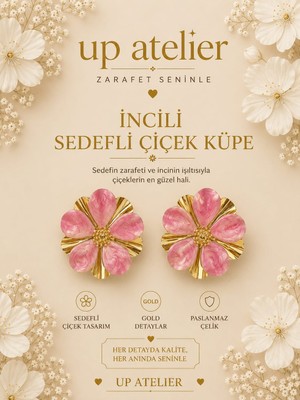 Up Atelier Sedefli Gold Detaylı Pembe Çiçek Küpe