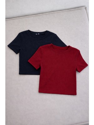 Öz Pamuk Kadın 2'li Adet Siyah Fitilli Bisiklet Yaka Kaşkorse Crop T-Shirt Bluz
