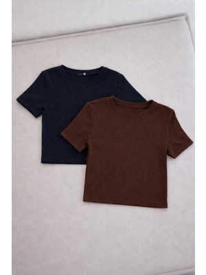 Öz Pamuk Kadın 2'li Adet Siyah Fitilli Bisiklet Yaka Kaşkorse Crop T-Shirt Bluz