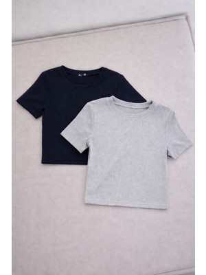 Öz Pamuk Kadın 2'li Adet Siyah Fitilli Bisiklet Yaka Kaşkorse Crop T-Shirt Bluz