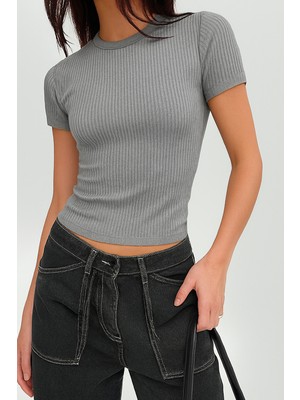 Öz Pamuk Kadın Fitilli Pamuklu Bisiklet Yaka Crop Değildir Örme Kaşkorse Uzun T-Shirt