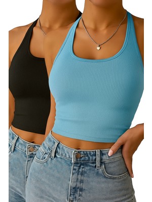 Öz Pamuk Kadın Oval Yaka Kolsuz 2 Li Adet Fitilli Crop Basıc Atlet Bluz
