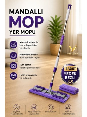 Visluna (+1 Yedek Bez Hediyeli ) Mikrofiber Mandallı Mop Pratik Cam Duvar Yüzey Dip Köşe Temizlik Mopu