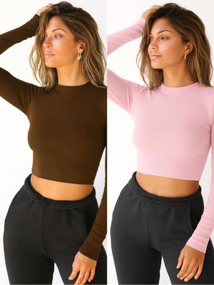Öz Pamuk 2 Li Adet Kadın Siyah Fitilli Bisiklet Yaka Kaşkorse Crop Bluz