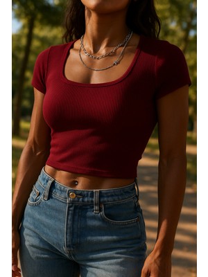 Öz Pamuk Fitilli Pamuklu Kumaş Örme Kare Yaka Crop T-Shirt Bluz
