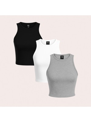 Öz Pamuk Kadın 3 Lü Adet Fitilli %100 Pamuklu Örme Kaşkorse Crop  Atlet Bluz