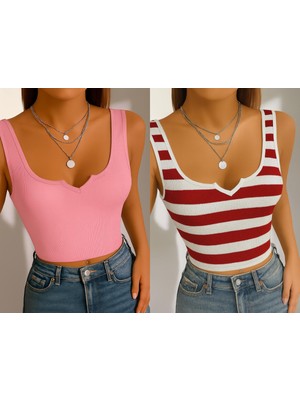 Öz Pamuk Kadın Fitilli 2 Li Adet Pamuklu Örme Kaşkorse Küçük Üçgen Yaka Crop Askılı Bluz Atlet