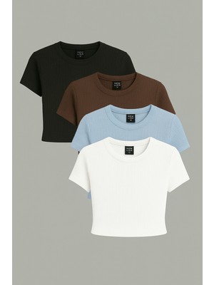 Öz Pamuk Kadın 4 Lü Adet Fitilli %100 Pamuklu Bisiklet Yaka Örme   Crop T-Shirt
