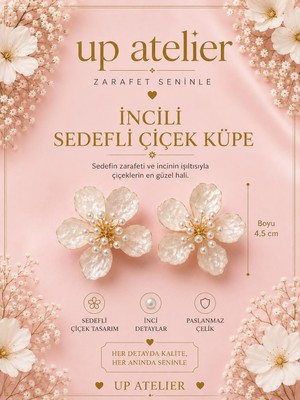Up Atelier Beyaz Sedefli Çok Incili Çiçek Küpe