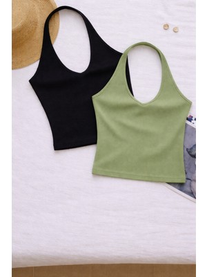 Öz Pamuk Kadın Çapraz Halter Yaka Kolsuz 2 Li Fitilli Crop Basıc Atlet Bluz