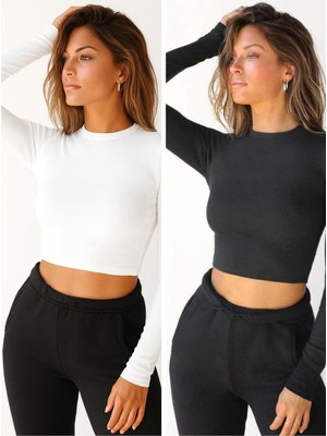 Öz Pamuk 2 Li Adet Kadın Siyah Fitilli Bisiklet Yaka Kaşkorse Crop Bluz