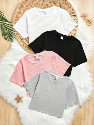 Öz Pamuk Kadın 4lü Adet Siyah Fitilli Bisiklet Yaka Kaşkorse Crop T-Shirt