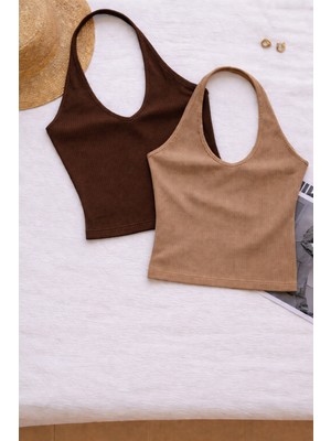 Öz Pamuk Kadın Çapraz Halter Yaka Kolsuz 2 Li Fitilli Crop Basıc Atlet Bluz