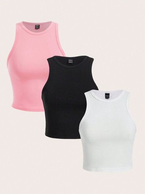 Öz Pamuk Kadın 3 Lü Adet Fitilli %100 Pamuklu Örme Kaşkorse Crop  Atlet Bluz
