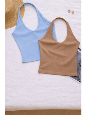 Öz Pamuk Kadın Çapraz Halter Yaka Kolsuz 2 Li Fitilli Crop Basıc Atlet Bluz