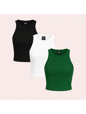 Öz Pamuk Kadın 3 Lü Adet Fitilli %100 Pamuklu Örme Kaşkorse Crop  Atlet Bluz