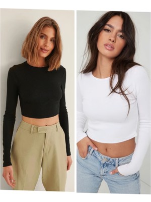 Öz Pamuk Kadın 2 Li Adet Fitilli %100 Pamuklu Bisiklet Yaka Örme Kaşkorse Uzun Kol Crop Bluz