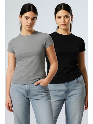 Öz Pamuk Kadın 2 Li Adet Fitilli %100 Pamuklu Bisiklet Yaka Crop Değildir Örme Kaşkorse Uzun T-Shirt