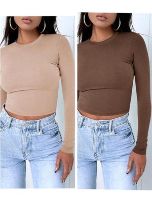 Öz Pamuk 2 Li Adet Kadın Siyah Fitilli  Bisiklet Yaka Kaşkorse Crop Bluz