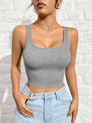 Öz Pamuk Kadın Fitilli Pamuklu Örme Kaşkorse Kare Yaka Crop Askılı Bluz Atlet